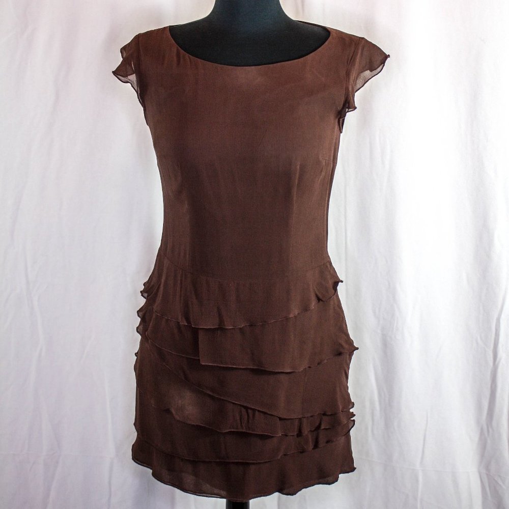 Bob Mackie Studio Silk Tiered Ruffle Mini Dress Brown Size 6
